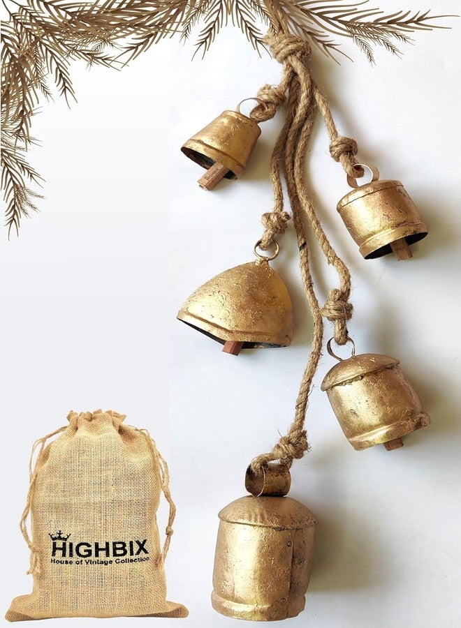 HIGHBIX Set of 5 Rustic Harmony Metal Jingle Bells Cluster Vintage Handmade Lucky Christmas Hanging Mix Décor Bells On Rope (Big) - Image 1